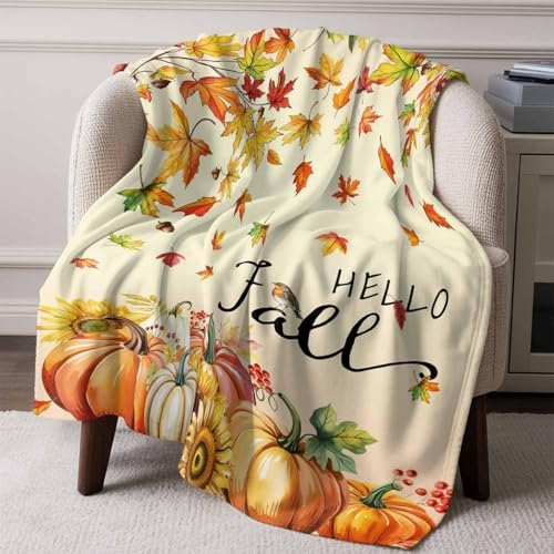 DecorLovee Orange Hello Fall Blanket 50"x60", Reversible Thanksgiving Pumpkins Throw Blanket for Couch/Bed/Camping, Maple Leaf Lightweight Soft Throw Blankets for Women, Warm Fuzzy Blankets for Winter - Image 6