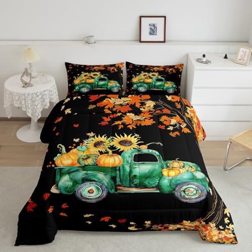 Homewish Fall Pumpkin Truck Car Comforter Set Twin Size Maple Leaves Tree Bedding Autumn Harvest Rustic Farm Quilt for Kids Girls Boys Room Decor Boho Botanical Duvet,Black 2Pcs,CYJS11386ZMD-BZ_USt - Image 6