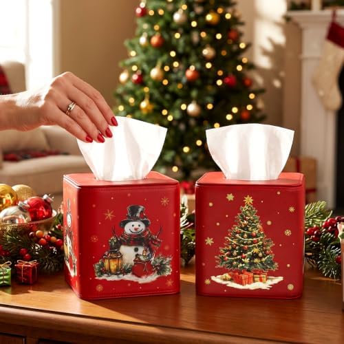 Thyle 2 Pcs Christmas Square Tissue Box Cover Red PU Leather Christmas Tree Snowman Tissue Box Holder Closure Xmas Decorations Cube Napkin Holder for Kitchen Car Home Office Living Room Bedroom - Image 4