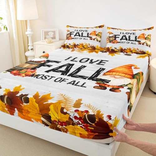 Gnomes Pumpkin Bed Sheets Rustic Farmhouse Fall Bed Sheet Set Twin Size Thanksgiving Harvest Season Sheet Set Maple Leaf Pinecone Decor Fitted Sheet Soft Lightweight Flat Sheet Bedroom Decor 3 Pcs - Image 6