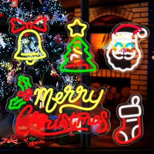 5 Pcs Christmas Neon Sign Merry Christmas Santa Claus Bells Xmas Tree LED Lights Winter Neon Lights USB Window Wall Bar Living Room Decor for Winter Xmas Party Holiday Night Bedroom Gifts - Image 3
