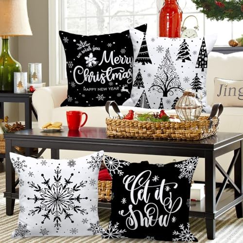Lanpn Christmas Throw Pillow Covers 22x22 4 pcs, Black White Merry Christmas Xmas Winter Snowflake Decorative Holiday Cushion Pillow Cases 22 x 22 Indoor Farmhouse Home Room Couch Sofa Decor - Image 2