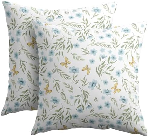 Blue Green Spring Pillow Covers 24x24 Set of 2 Floral Throw Pillow Covers Flower Boho Pillowcase Linen Decoration Farmhouse Soft Decorative Butterfly Vintage Cushion Case Couch for Indoor Home Decor by Unknown