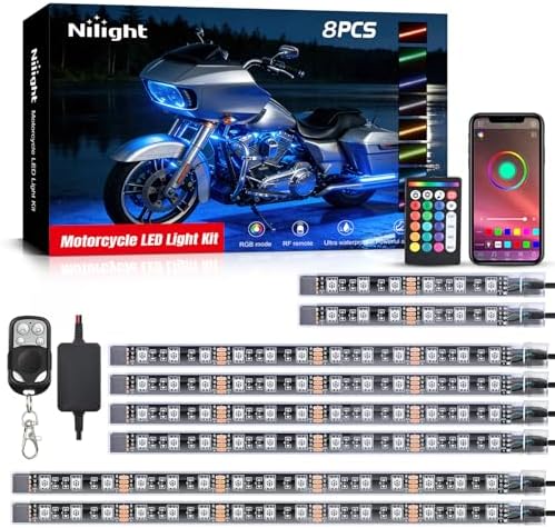 Nilight 8PCS Motorcycle RGB Led Light Kit Waterproof Multi Color Atmosphere Neon Accent APP and Remote Control Underbody Strips for Harley Davidson Honda Kawasaki Suzuki