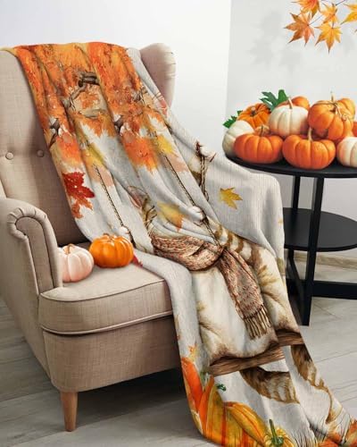 DecorLovee Fall Cat Blanket 50"x80", Reversible Thanksgiving Cute Throw Blanket for Couch/Bed, Orange Maple Leaf Pumpkins Lightweight Soft Throw Blankets for Adult, Warm Fuzzy Blankets for Winter - Image 3