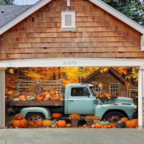 Fall Thanksgiving Garage Door Cover Decorations Backdrop Banner,7x16ft Large Hanging 2 Car Garage Door Cover,Autumn Maple Forest Pumpkin Truck Backdrop Wall Decor for Outdoor Holiday Decorations - Image 7
