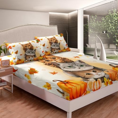 Erosebridal Kids Cute Cats Fitted Sheet Set King Fall Pumpkin Maple Leaf Bed Sheets for Girls Boys,Autumn Thanksgiving Bedding Sets,Happy Fall Decorations Flat Sheet for Home 2 Pillow Cases - Image 4