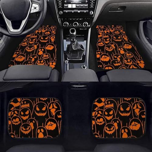 Orange Black Ghost Print Funny Halloween Car Floor Mats 4 PCS, Cute Durable Interior Accessories for Car SUV, All Weather Floor Mats with Front Rear Trunk Liners Set for Party