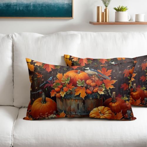 Fall Pumpkin Maple Leaves Pillow Covers 12x20 Set of 2 Highly Absorbent - Image 2