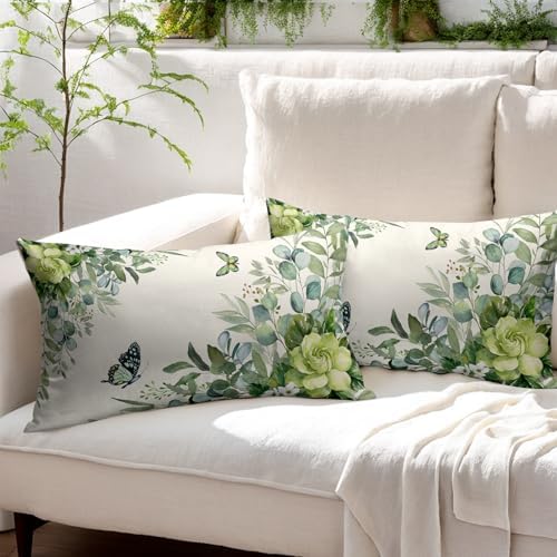 Spring Pillow Covers 12x20 Set of 2 Green Floral Throw Pillow Covers Rustic Pillowcase Linen Decoration Farmhouse Soft Decorative Summer Cushion Case Couch for Indoor Outdoor Home Decor - Image 3