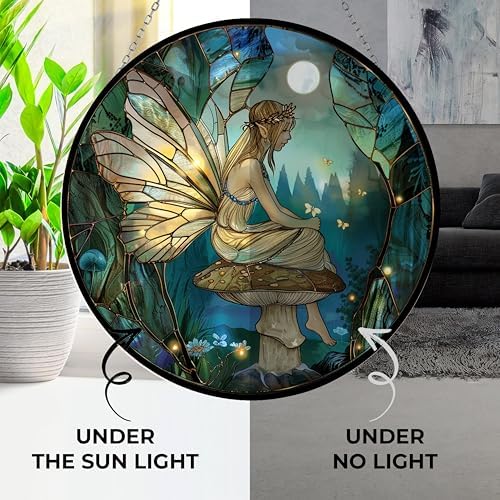 Fairy Mushroom Stained Glass Window Hanging, 9.8’’Sun Catcher Glass Panel Boho Wall Art Decor with Chain, Hand Painted Round Glass Gifts for Couples, Housewarming Gift - Image 3