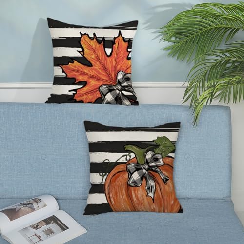 Fall Pillow Covers 20x20 Set of 2 Orange Pumpkin Maple Leaves Stripes Fall Decor Pillowcase Autumn Harvest Decorative Outdoor Throw Pillow Covers Linen Thanksgiving Cushion Case for Sofa Home - Image 3