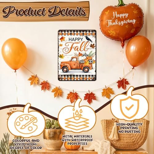 Thanksgiving Day Pumpkin Retro Tin Sign Happy Fall Vintage Wall Art for Hotel Bedroom Office Dining Room 12x16Inch - Image 3