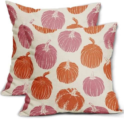 Pink Orange Pumpkin Fall Pillow Covers 22x22 Set of 2 Autumn Harvest Print Thanksgiving Decorative Throw Pillows Outdoor Farmhouse Cushion Case Seasonal Decor for Couch Sofa Bed by Aytipun