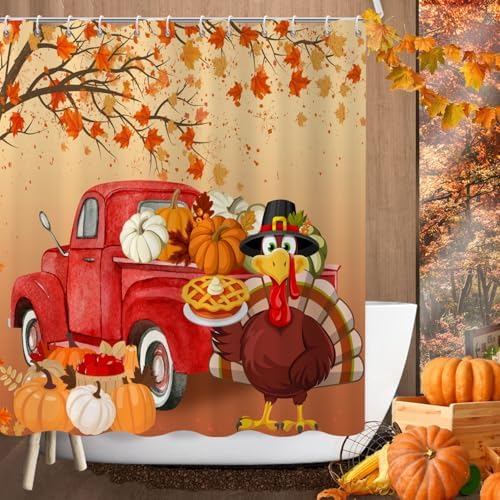 Thanksgiving Turkey Shower Curtain, Fall Autumn Harvest Pumpkins Sunflower Red Truck Maple Trees Thanksgiving Day Bathroom Curtain Waterproof Fabric Machine Washable with Hooks, 72" Wx96 L - Image 2