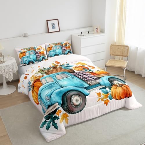 Erosebridal Pumpkin Car Bedding Comforter Sets Pumpkin Flowers Comforter Set, Kids Thanksgiving Gifts Bedding for Boys Girls Little Pumpkin Duvet Insert Fall Home Decor, Full - Image 3