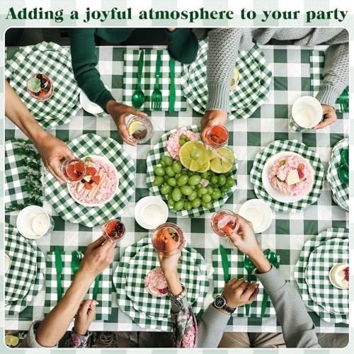 Funnymoom 452 Pcs Green Gingham Party Supplies for 50, Dark Green Plaid Checkered Paper Plates Napkins Cups Tablecloth Cutlery Straws for Holiday Birthday Baby Shower Party Decoration - Image 6