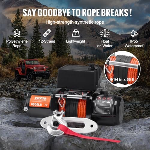 VEVOR Electric Winch, 6000 lb Truck Trailer Winch, 12V DC 1/4 in x 55 ft Synthetic Rope Aluminum Fairlead Wireless & Wired Remote Control, IP55 Waterproof Towing for Off Road SUV ATV UTV Jeep Boat - Image 4