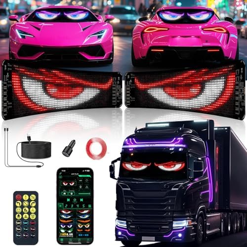 2 Pack Devil Eyes Light for Cars, LED Car Sign Windshield Display, Truck Decoration Programmable Matrix Remote/App Control, Custom Text/GIFS for Sedans, SUVs, Trucks, 14"x4"