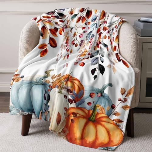 DecorLovee Fall Orange Blue Pumpkins Blanket 50"x60", Reversible Thanksgiving Throw Blanket for Couch/Bed, Vintage Botanical Lightweight Soft Throw Blankets for Women, Warm Fuzzy Blankets for Winter - Image 6