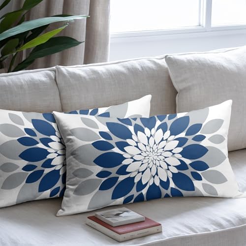 Blue Grey Dahlia Pillow Covers 12x20 Set of 2 Navy Blue Floral Throw Pillow Covers Natural Pillowcase Linen Decoration Farmhouse Soft Decorative Flower Cushion Case Couch for Indoor Outdoor Home Decor - Image 7