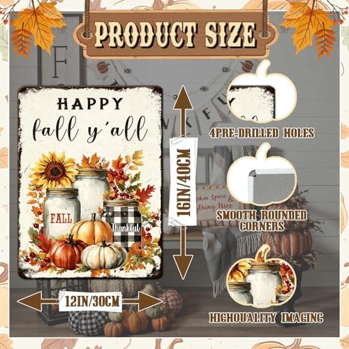 Thanksgiving Day Retro Tin Sign Happy Fall Y'all Metal Wall Art for Studios Home Office Hotel Restaurant Patio 12x16Inch - Image 2