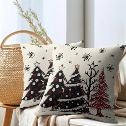 Sweetshow Black Grey Red Xmas Tree Pillow Covers 22x22 Inches Winter Snowflake White Throw Pillow Case Set of 2 Xmas Pillows Cotton Linen Cushion Cover for Home Couch Sofa Livingroom - Image 7