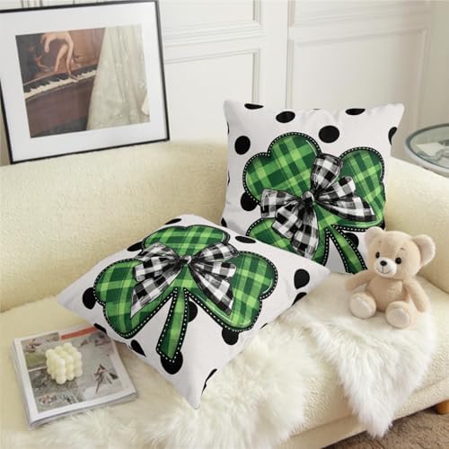 Sweetshow St. Patrick's Day Pillow Covers 22x22 Inches Polka Dots Lucky Green Shamrock Throw Pillow Case Set of 2 Irish Pillows Cotton Linen Cushion Cover for Home Couch Sofa Livingroom - Image 2