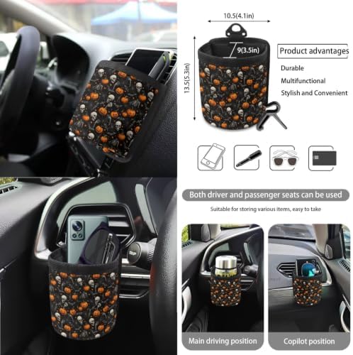 15Pcs Car Seat Cover Full Set Car Steering Wheel Cover Seat Belt Cover Trash Bin Air Vent Storage Box Front Rear View Mirror Car Cup Holder Keychain, Halloween Gothic Pumpkin & Skull