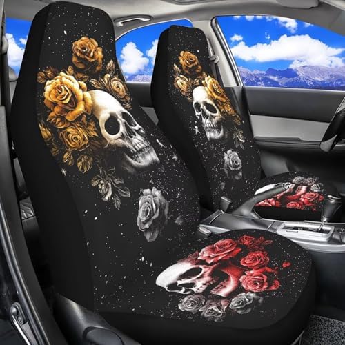Bulopur Skull and Rose Car Seat Covers Front Seats Auto Drive Seat Covers 2 Pack Black Breathable Carseat Cushions Universal for Sedan SUV Truck Halloween Decorations