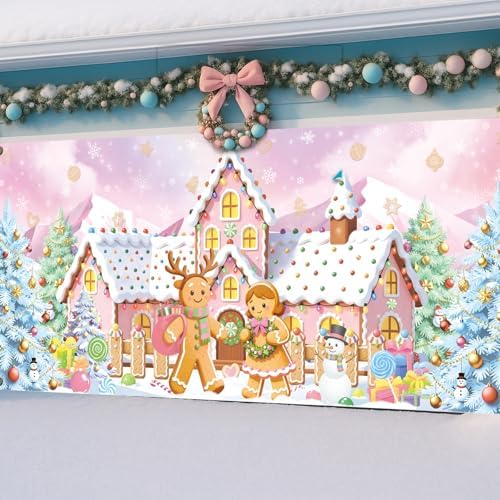 Preboun Pastel Pink Christmas Gingerbread House Garage Door Decoration - Image 4