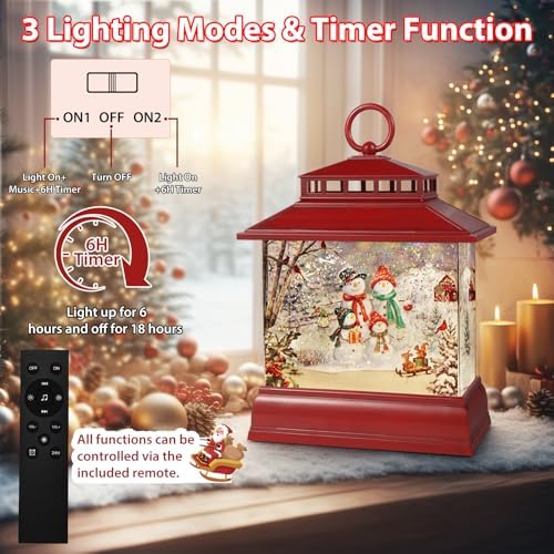 Christmas Snow Globe Lantern Water Glittering Lantern with 8 Songs & 6H Timer Romote Control Christmas Snow Globes USB & Battery Operated for Christmas Festival Decorations Gifts (Snowman Family) - Image 3