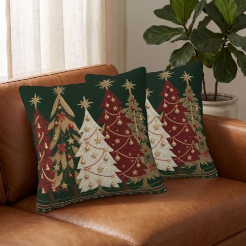 Green Christmas Pillow Covers 16x16 Set of 2, Red Gold Xmas Tree Print - Image 3