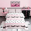 Cute Bat Comforter Set Full Size Happy Halloween Animals Bedding Set 3Pcs for Kids Girls Boys Room Decor Pink Geometric Stripes Quilted Duvet Cute Black Gothic Dots Duvet Insert,2 Pillowcases by Homewish