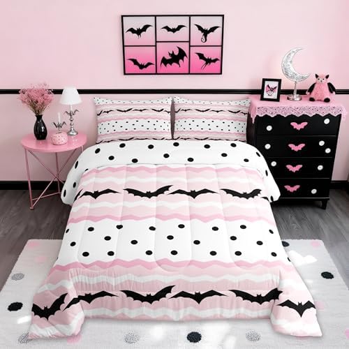 Cute Bat Bedding Set King Size Happy Halloween Animals Comforter Set 3Pcs for Kids Girls Boys Room Decor Pink Geometric Stripes Quilted Duvet Cute Black Gothic Dots Duvet Insert,2 Pillowcases by Homewish
