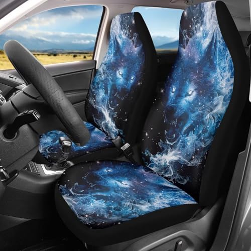 Blue Ghost Wolf Print Car Seat Covers Set of 2 Elastic Fabric Front Bucket Seat Covers Halloween Stretch Seats Protector Universal Fit Car Interior Decor