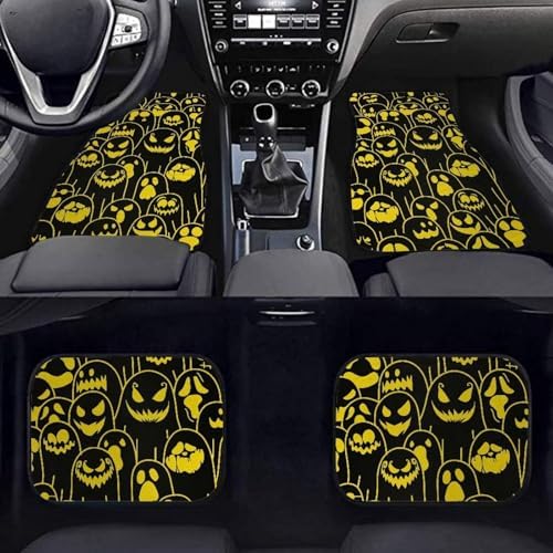 Yellow Black Ghost Print Funny Halloween Car Floor Mats 4 PCS, Cute Durable Interior Accessories for Car SUV, All Weather Floor Mats with Front Rear Trunk Liners Set for Party