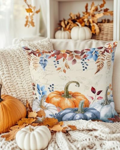 JasmineM Farmhouse Orange Blue Pumpkin Pillow Covers 18x18 Inch Set of 2, Thanksgiving Autumn Decorations Indoor Outdoor Throw Pillows, Orange Blue Linen Pillowcases for Patio Sofa Couch Bedroom - Image 3