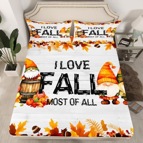Gnomes Pumpkin Bed Sheets Rustic Farmhouse Fall Bed Sheet Set Twin Size Thanksgiving Harvest Season Sheet Set Maple Leaf Pinecone Decor Fitted Sheet Soft Lightweight Flat Sheet Bedroom Decor 3 Pcs - Image 3