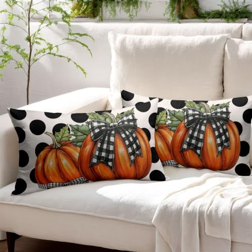 Fall Pumpkin Lumbar Pillow Covers 12x20 Set of 2 Vintage Orange Buffalo Plaid Bow Polak Dot Outdoor Throw Pillows Covers Autumn Thanksgiving Decorative Farmhouse Cushion Case for Room Couch Sofa - Image 3