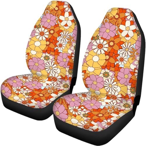 Hippie Flowers Print Car Seat Covers Set Front Rear Seat Covers 4 Piece Vehicle Split Bench Protector Cover Aesthetic Auto Accessories for SUV Van Interior Decor