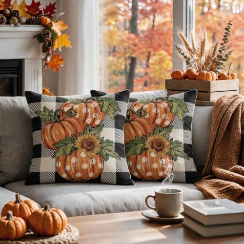 Fall Thanksgiving Pillow Covers 18x18 Set of 2, Autumn Polka Dot Pumpkin Sunflower Print Buffalo Plaid Decorative Throw Pillow Cases Holiday Outdoor Seasonal Farmhouse Decor for Sofa Couch Bed - Image 2