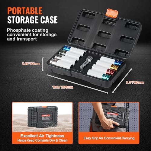 VEVOR 9-Piece Lug Nut Impact Socket Set 1/2 Inch Drive, Metric and SAE, 6-Point, CR-MO, Deep Wheel Protector Impact Socket Set With Storage Case and Extension Bar for Auto Repair - Image 6
