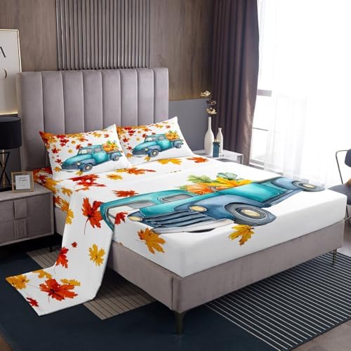 Pumpkin Truck Bed Sheets Fall Thanksgiving Harvest Seasonal Fitted Sheet Set Twin Autumn Maple Leaf Bedding Set Farmhouse Home Room Decor Watercolor Rustic Sheet Set Orange White Flat Sheet 3 Pcs - Image 2