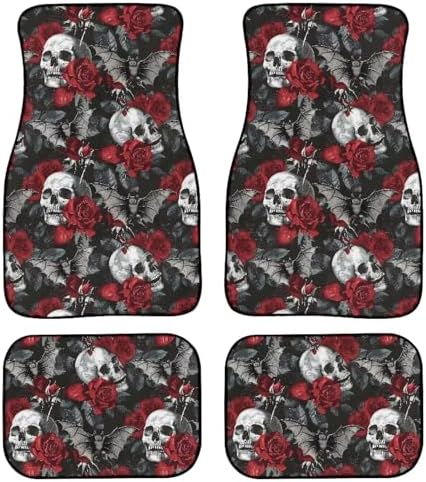 Skull Car Rubber Floor Mat Retro Gothic Rose Bat 4PCS Geometric Fragments Front and Rear Mats Non-Slip Floor Mats Heel Pad Halloween Black Skull Fit for SUV Van Truck Car