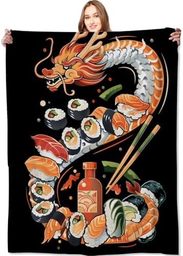 Sushi Dragon Blanket Japanese Cuisine Throw Blankets,Birthday Gifts for Kids Girls Women,Lightweight Soft Fleece,Sweet Food Lovers,Sofa Couch Bed Room Modern Decor 60x80in by VODRM