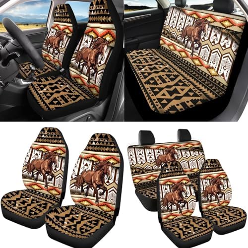 12Pcs Brown Horse Auto Seat Cover Protection Front Rear Seats,Breathable 15 Inch Steering Wheel Covers+Coaster+Keychain+Armrest+Seat Belt Pads,Southwestern Tribal Horse Car Accessory Decor
