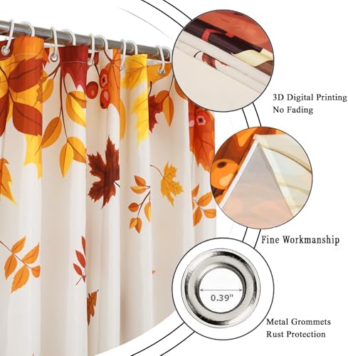 Thanksgiving Turkey Shower Curtain, Fall Autumn Harvest Pumpkins Falling Maple Leaves Thanksgiving Day Bathroom Curtain Waterproof Fabric Machine Washable with Hooks, 60" Wx72 L - Image 5