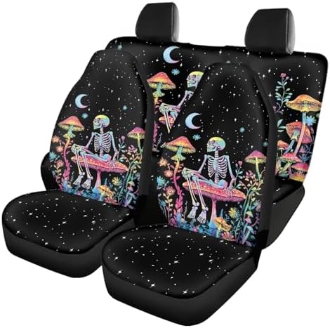 Skull Colorful Mushroom Car Seat Covers 4Pcs Front & Rear Breathable Seat Covers Universal Fits for Truck, Sedan, SUV Auto Interior Protector Car Accessories Halloween Decor