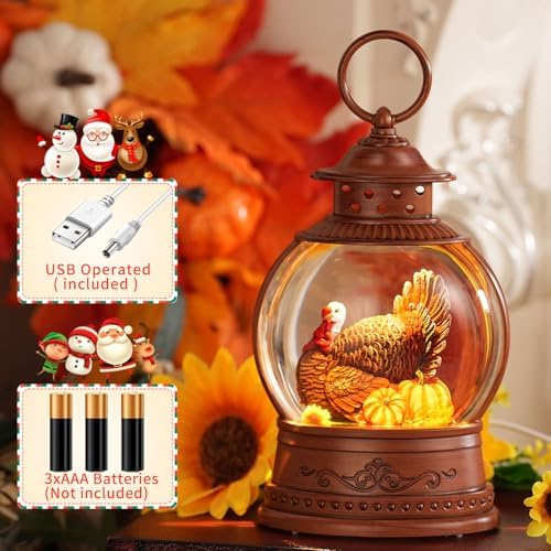 Fall Decor Snow Globe Turkey Pumpkins Lighted Lantern Thanksgiving Decor - Image 2
